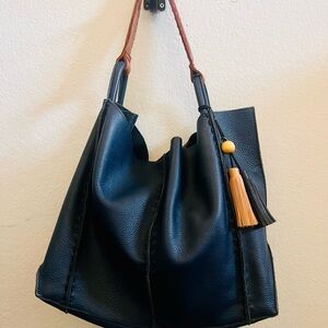 The Sak Los Feliz Large Navy Leather Hobo Bag with Tassel